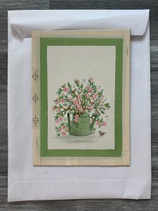 ANNIVERSARY Pink Flowers w/ Watering Can & Birds 6x8.5 Greeting Card Art A1783