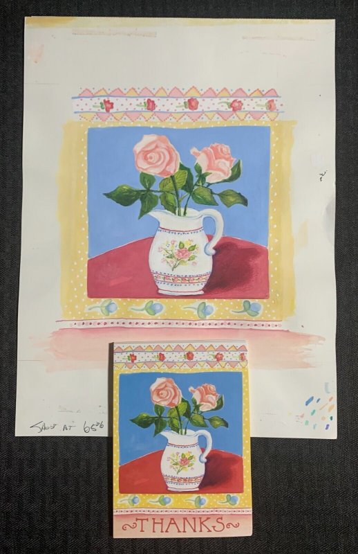 THANKS Pink Roses in Pitcher 9x12 Greeting Card Art #3047 with 8 Cards