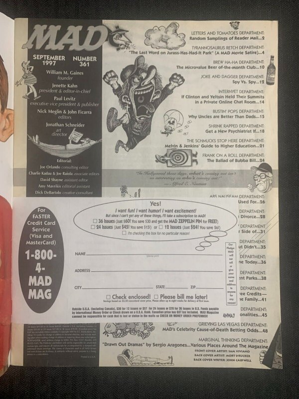 1997 MAD MAGAZINE #361 VG 4.0 Alfred E Neuman / Bill Clinton Bashing Issue