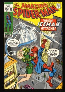 Amazing Spider-Man #92 VF- 7.5 Ice Man! Marvel Comics Spiderman