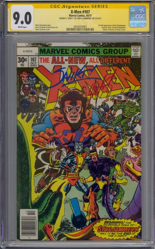 X-MEN #107 CGC 9.0 SS SIGNED CHRIS CLAREMONT REMARQUE 1ST STARJAMMERS WHITE PAGE