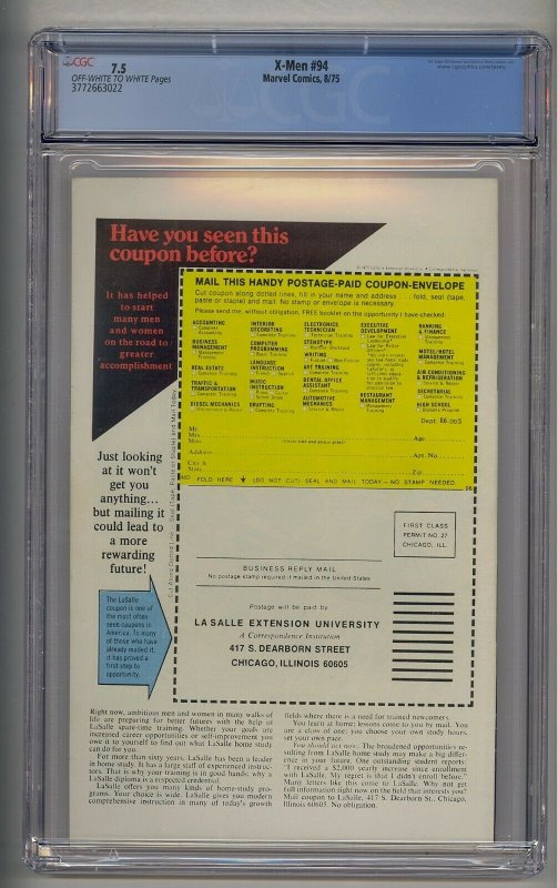 X-MEN #94 CGC 7.5 2ND APP NEW X-MEN BEGIN (3022)