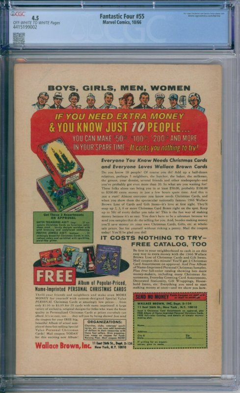 Marvel Comics Fantastic Four #55 CGC 4.5 Stan Lee Jack Kirby