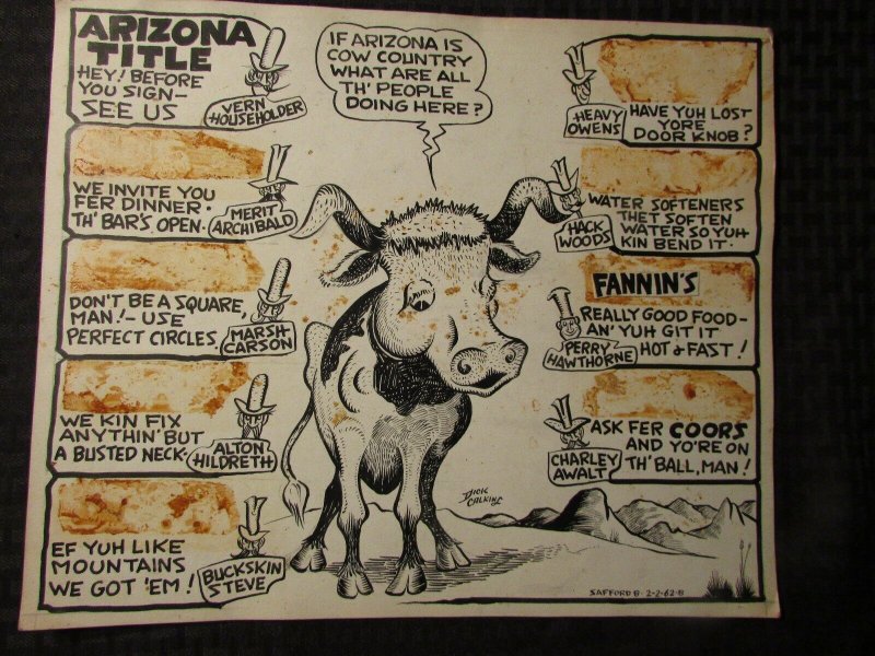 1962 Dick Calkins Sunday? Original Strip Art 12.5x11 Arizona Title Gag