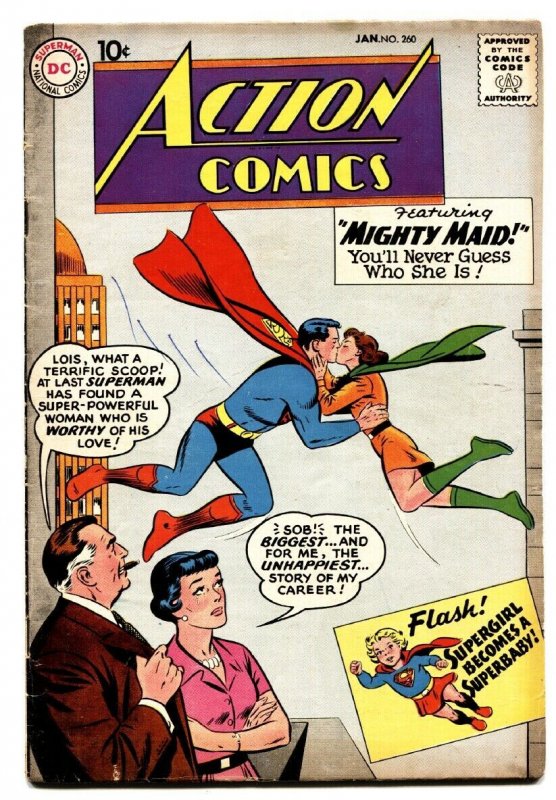 ACTION COMICS #260 comic book Superman kissed his cousin weird issue-DC 1960