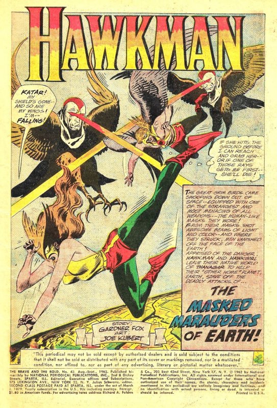 BRAVE AND THE BOLD - HAWKMAN #43 (Aug1962) 4.0 VG 1st MANHAWKS! KATAR HOL Origin