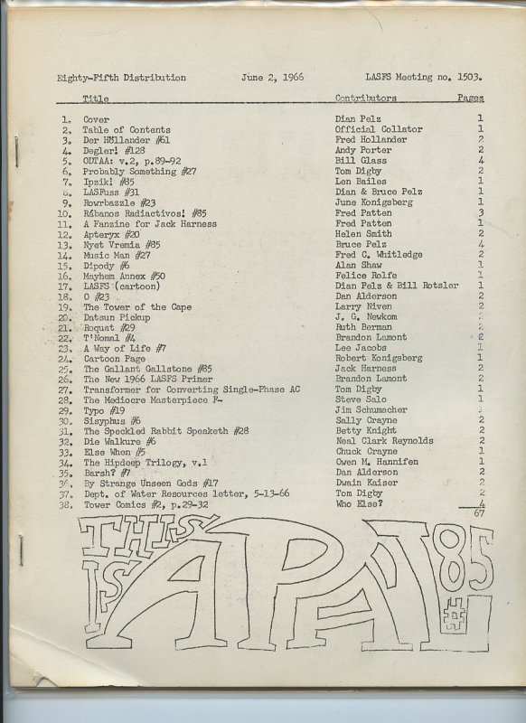 APA-L #85 – Fanzine from the Los Angeles Science Fantasy Society (June, 1966)