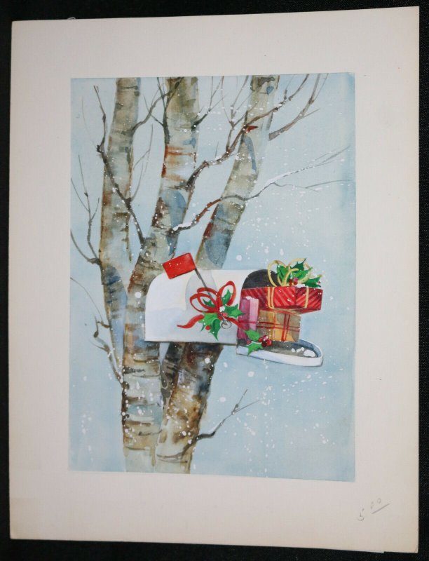 Mailbox Presents in Snow Original Christmas Greeting Card Painted Art by Phakos