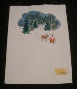 CHRISTMAS Santa Claus Reindeer Walking Out Woods 4.25x6 Greeting Card Art #FL52