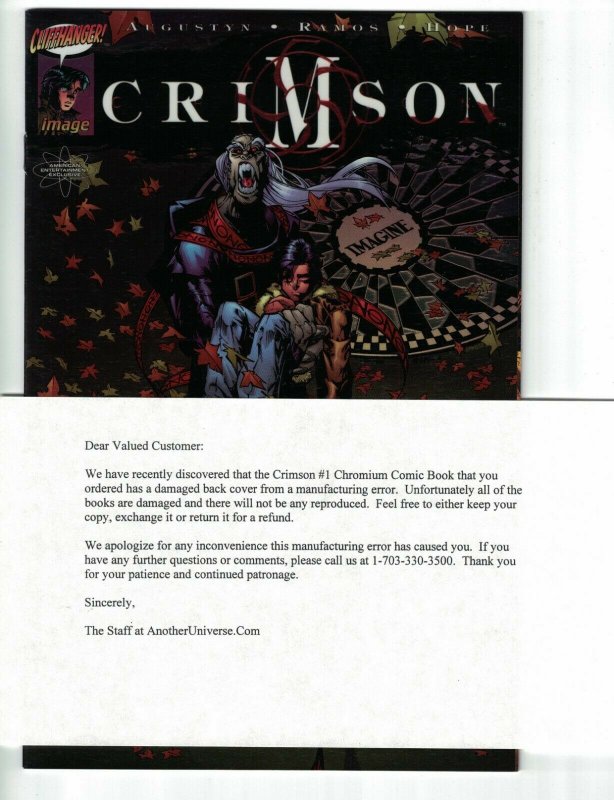 Crimson #1 american entertainment exclusive variant w/manufacturing error letter