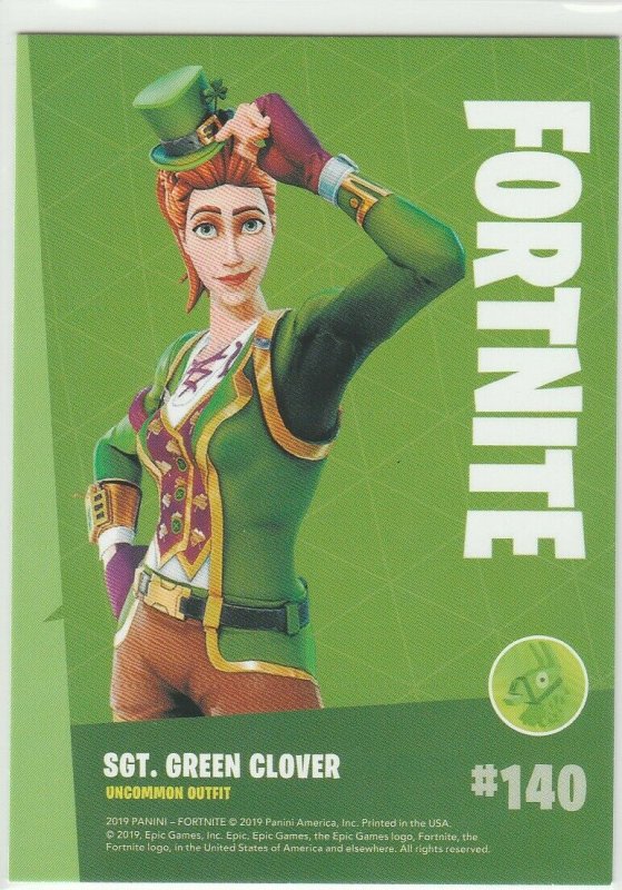 Fortnite Sgt Green Clover 140 Uncommon Outfit Panini 2019 trading card series 1