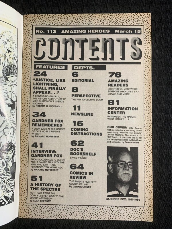 1987 AMAZING HEROES Comic Magazine #113 VG/FN 5.0 Gardner Fox / Justice Machine
