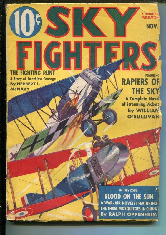 SKY FIGHTERS 11/1938-AIR WAR PULP-THRILLS-AVIATION BATTLE-vg
