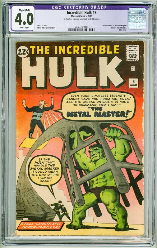 The Incredible Hulk #6 (1963) CGC Restored 4.0. spine split sealed to cover