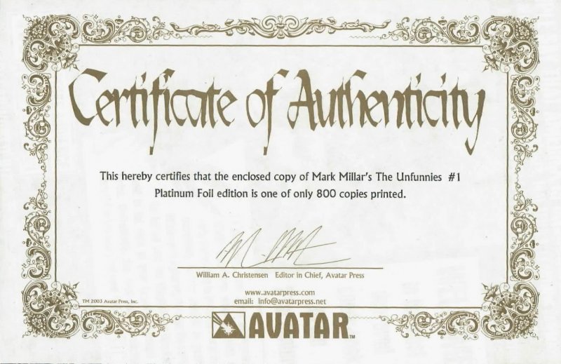 Mark Millar's The Unfunnies #1 Avatar Platinum Foil Variant w/COA 1/800 NM