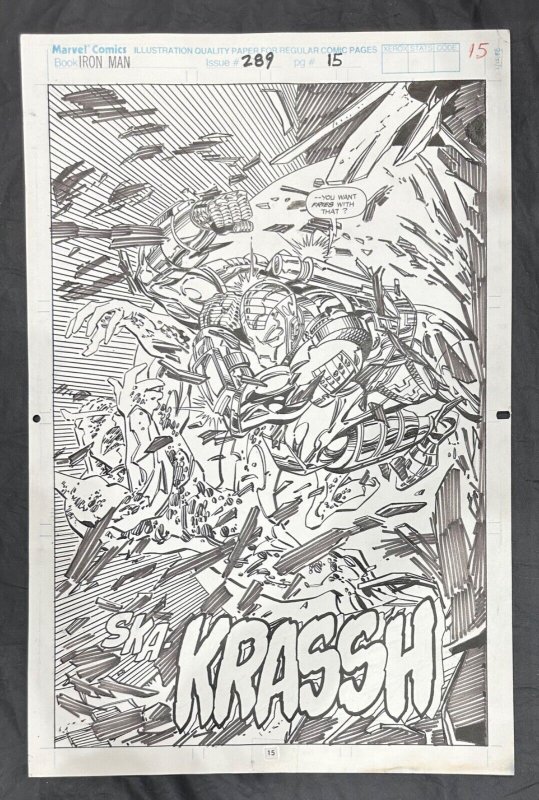 IRON MAN #289 PG 15 ORIGINAL TOM MORGAN COMIC ART WAR MACHINE SPLASH PAGE!