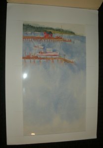 CHRISTMAS Boats & Dock Scene on Lake 8.5x13 Greeting Card Art #6052