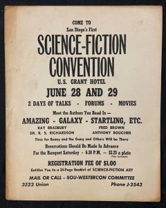 1952 1ST SAN DIEGO SCI FI CONVENTION  PROMO POSTER (BEFORE SDCC) RARE FN/VF