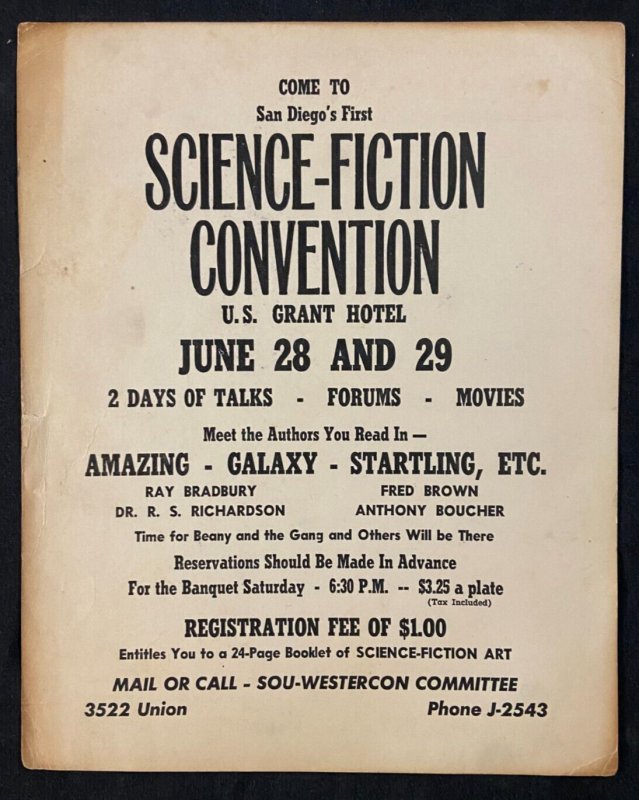 1952 1ST SAN DIEGO SCI FI CONVENTION  PROMO POSTER (BEFORE SDCC) RARE FN/VF