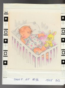 A BABY GIRL Cute Child in Crib w Yellow Rabbit 5.5x7 Greeting Card Art #J1505