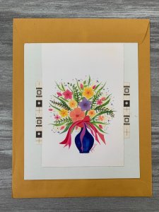 JUST A LITTLE NOTE Colorul Flowers in Blue Vase 7x8.5 Greeting Card Art C9722