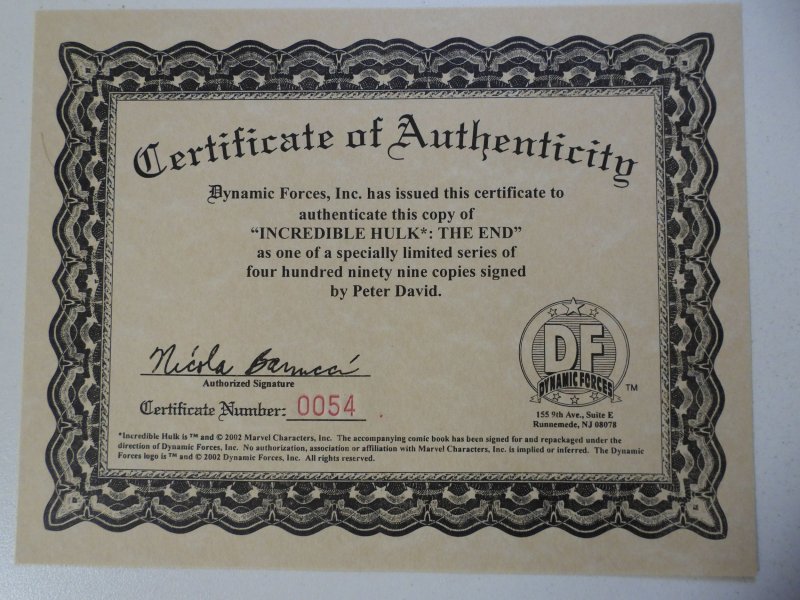 Hulk: The End (2002) Signed by Peter David W/ COA NM Condition