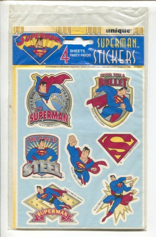 Superman Sticker Set 1996-Unique-Sealed set of 4 sheets of Superman stickers-FN