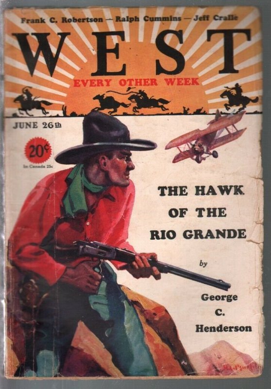 West 6/26/1929-HC Murphy cover-Hawk Of The Rio Grande-aviation-VG+