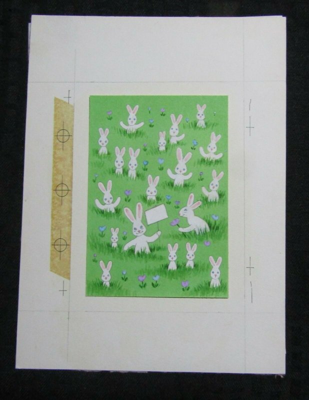 EASTER Cute Bunny Rabbits w/ Sign & Flowers 6.5x9 Greeting Card Art #E2252