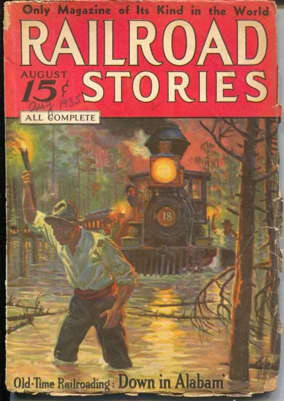 Railroad Stories 8/1935-Munsey-train in flood cover-railroad pulp fiction-G-