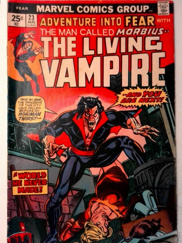 Adventure Into Fear #23 Marvel 1974 VG- Comic Book Morbius, Marvel Value Stamp