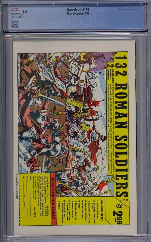 DAREDEVIL #169 CGC 8.5 2ND ELEKTRA BULLSEYE FRANK MILLER WHITE PAGES 