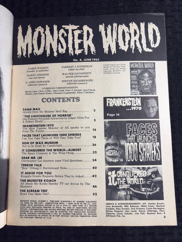 1965 MONSTER WORLD Magazine #4 FVF 7.0 Christopher Lee / Frankenstein / Munsters