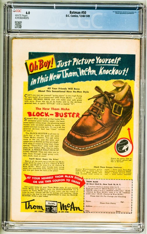 Batman #50 (1948) CGC 6.0! White Pages! Two-Face Cover!