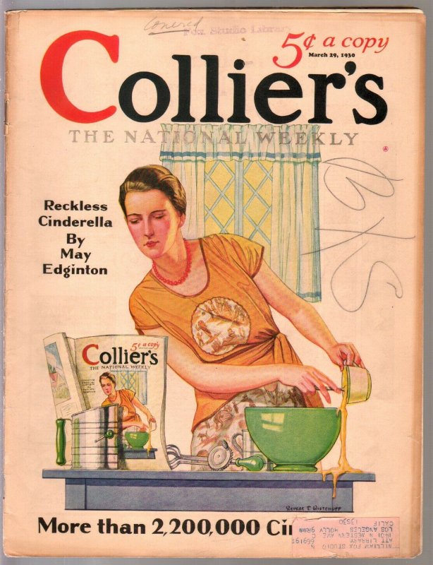 Colliers 3/29/1930-Wistehoff infinity cover-Sax Rohmer-Fu Manchu-pulp thrills-VG