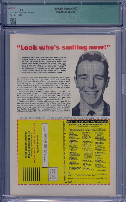 CAPTAIN MARVEL #27 CGC 9.2 SIGNED JIM STARLIN THANOS STARFOX AVENGERS