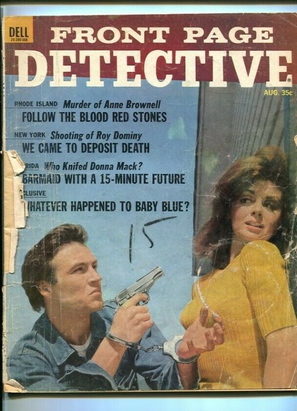 FRONT PAGE DETECTIVE-AUG. 1965-BARMAID-DEATH-BLOOD-HELL-KILL-BLOTTER FR/G