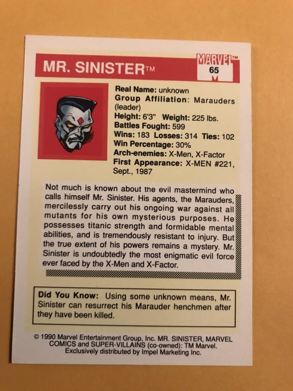 MR. SINISTER#65 : 1990 Marvel Universe Series 1,  NM/M,  X-Men