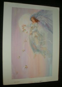 CHRISTMAS Large Angel w Pink Flowers & Ribbon 11x15 Greeting Card Art #6045