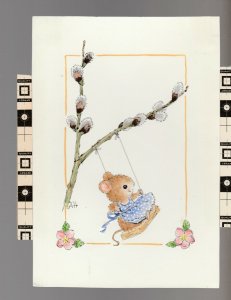 WONDERFUL WORLD Cute Mouse on Pussywillow Swing 5x7 Greeting Card Art #M9438