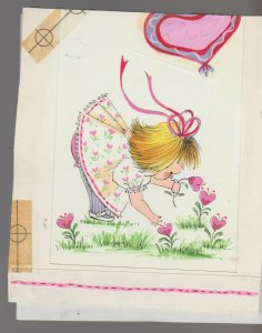 VALENTINES DAY Cute Girl Picking Heart Flowers 5x5.5 Greeting Card Art #V3480