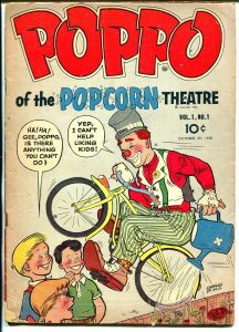 Poppo of The Popcorn Theatre #1 1955-Fuller Pub-clown-bicycle-1st issue-Biro-VG-