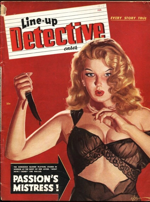 LINE-UP DETECTIVE February 1949-Spicy GGA George Gross babe with knife cvr