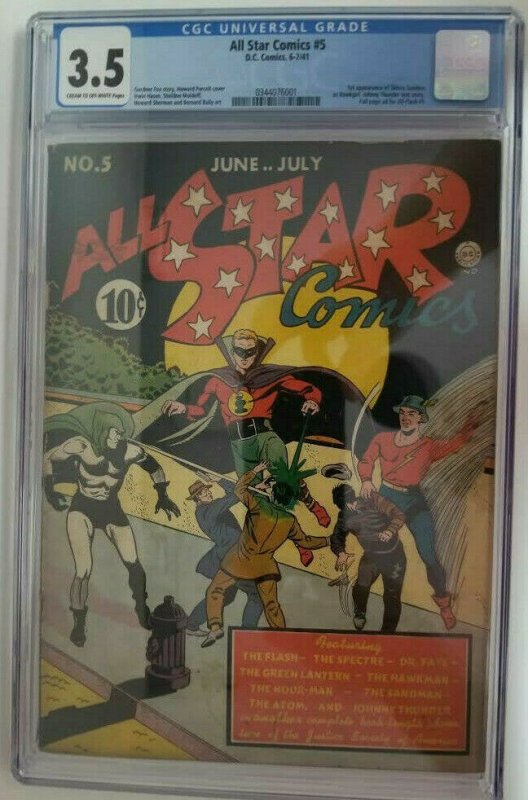 All Star Comics #5 ~ 1941 DC ~ CGC 3.5 (VG-), 1st Appearance of Hawkgirl