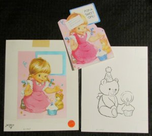 BIRTHDAY Girl w/ Cupcake Teddy Bear 7.5x9.5 Greeting Card Art #1007 w Stat Card