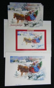 CHRISTMAS Family Sleigh Ride 10.5x7 Greeting Card Art #X8003 w/ 4 Cards & Rough