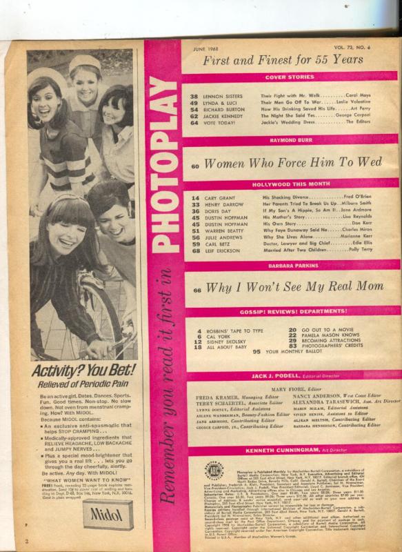 Photoplay-Lennon Sisters-Doris Day-Dustin Hoffman-Richard Burton-June-1968