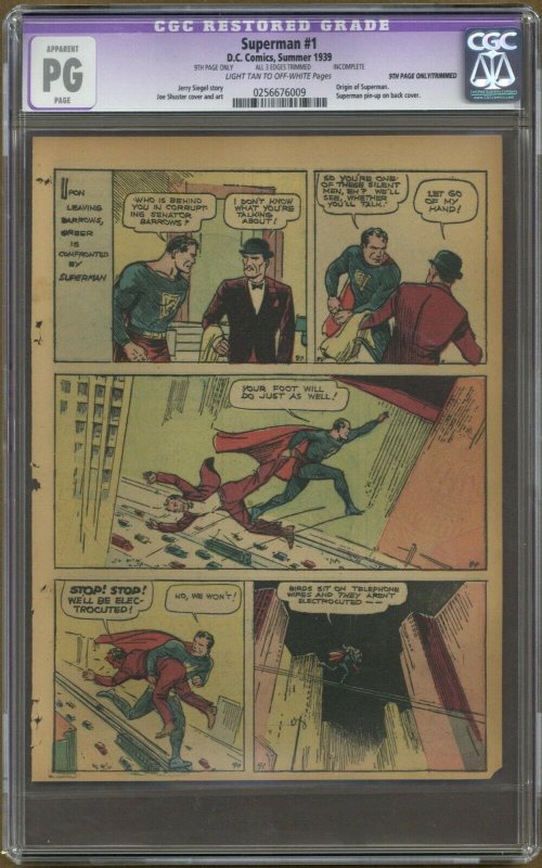 Superman #1 Page 9 ONLY CGC PG Reprints Last 2pgs 1st Story from Action Comics 1