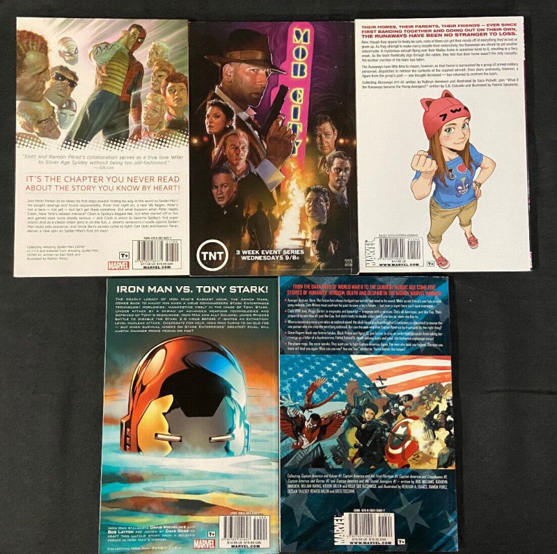 IRON MAN, CAP AMERICA, RUNAWAYS, THE WAKE, SPIDER-MAN TRADE PAPERBACKS VF/NM