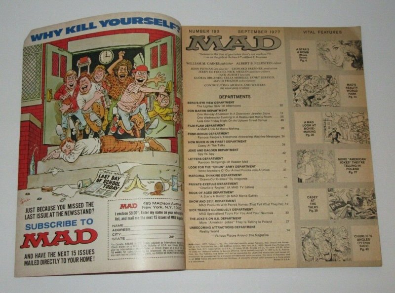 Mad Magazine #193 Charlie's Angels September 1977 EC Publications FN/VF